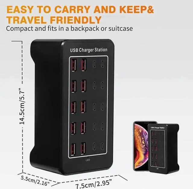 Alt view image 3 of 7 - JAENFONG [10 USB A + 10 USB C] USB C Charger Block 100W USB C Charging Station, 20 Port (20A) Multiple Charging Hub Desktop 20-Ports USB Charger Compatible for Cell Phone, Tablets, Office Home Use