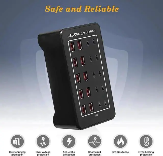 Alt view image 4 of 7 - JAENFONG [10 USB A + 10 USB C] USB C Charger Block 100W USB C Charging Station, 20 Port (20A) Multiple Charging Hub Desktop 20-Ports USB Charger Compatible for Cell Phone, Tablets, Office Home Use