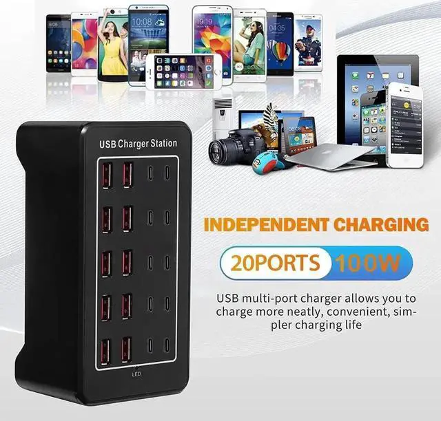 Alt view image 5 of 7 - JAENFONG [10 USB A + 10 USB C] USB C Charger Block 100W USB C Charging Station, 20 Port (20A) Multiple Charging Hub Desktop 20-Ports USB Charger Compatible for Cell Phone, Tablets, Office Home Use
