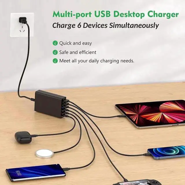 Alt view image 5 of 6 - JAENFONG 96W 6 Port USB C Charging Station, Portable Multiport USB C Wall Charger PD Fast Adapter with 3 USB-C Ports +3 USB-A Ports for iPhone 14 13 Pro Max,iPad Series, Samsung Galaxy
