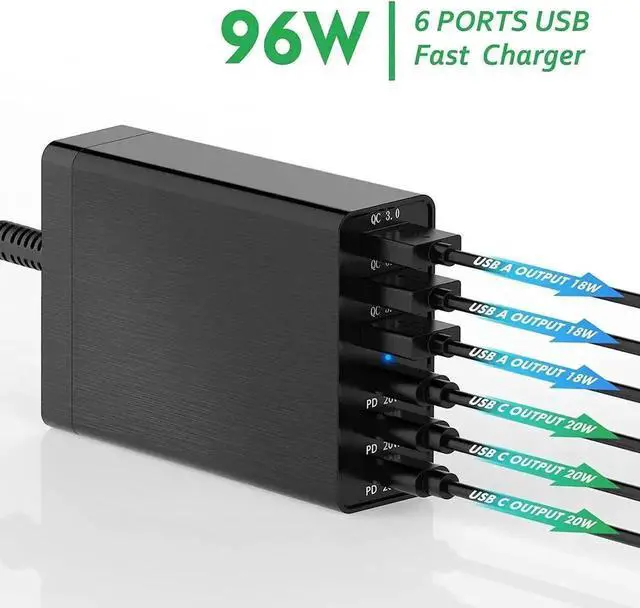 Alt view image 3 of 6 - JAENFONG 96W 6 Port USB C Charging Station, Portable Multiport USB C Wall Charger PD Fast Adapter with 3 USB-C Ports +3 USB-A Ports for iPhone 14 13 Pro Max,iPad Series, Samsung Galaxy