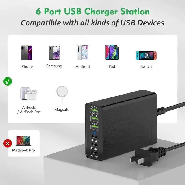 Alt view image 6 of 6 - JAENFONG 96W 6 Port USB C Charging Station, Portable Multiport USB C Wall Charger PD Fast Adapter with 3 USB-C Ports +3 USB-A Ports for iPhone 14 13 Pro Max,iPad Series, Samsung Galaxy