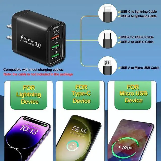 Alt view image 4 of 7 - JAENFONG [2 PACK] USB C Charger/USB Charger, PD 20W+QC 40W Fast Chaging Block 4 Port USB Wall Charger Block for i-Phone 14 13 12 11 Pro Max XS XR X 8 7 6, Android Smartphones, Tablet, and More