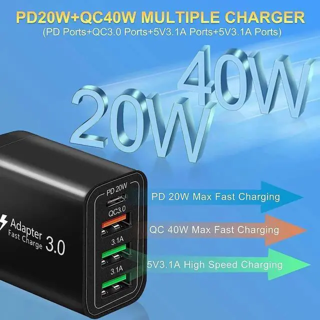 Alt view image 2 of 7 - JAENFONG [2 PACK] USB C Charger/USB Charger, PD 20W+QC 40W Fast Chaging Block 4 Port USB Wall Charger Block for i-Phone 14 13 12 11 Pro Max XS XR X 8 7 6, Android Smartphones, Tablet, and More