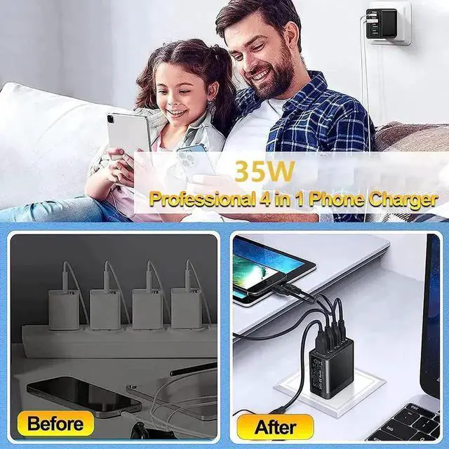 Alt view image 7 of 7 - JAENFONG [2 PACK] USB C Charger/USB Charger, PD 20W+QC 40W Fast Chaging Block 4 Port USB Wall Charger Block for i-Phone 14 13 12 11 Pro Max XS XR X 8 7 6, Android Smartphones, Tablet, and More