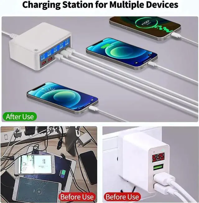 Alt view image 4 of 7 - 5 Ports USB Charger, 65W 5-Port USB C Charging Station Multi Port USB Hub Charger Compact Size LCD Display, QC 3.0 and PD USB C Fast Charger, Compatible with iPhone iPad Samsung Kindle Tablet and More