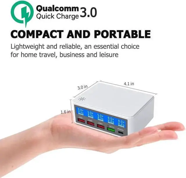 Alt view image 3 of 7 - 5 Ports USB Charger, 65W 5-Port USB C Charging Station Multi Port USB Hub Charger Compact Size LCD Display, QC 3.0 and PD USB C Fast Charger, Compatible with iPhone iPad Samsung Kindle Tablet and More