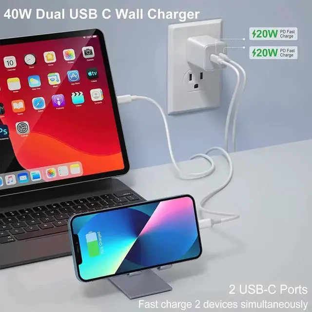 Alt view image 2 of 7 - JAENFONG Dual USB C Fast Charger 40W, Dual 20W Type C Wall Charger Fast Charging Block USB-C Power Adapter Plug Wall Charger Block Compatible i-P-h-o-n-e 14/13/12, i-P-a-d Pro/Air/Mini etc - White