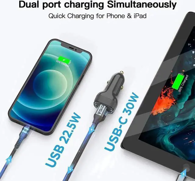Alt view image 3 of 7 - USB C Car Charger Adapter, 52.5W Dual Port Fast USB Car Charger With Power Delivery & Quick Charger 3.0 Compatible with iPhone12/11/Pro Max/XS Max/XR/XS/X/8/7/Plus,Galaxy,LG,iPad,iPad Pro/Macbook Pro