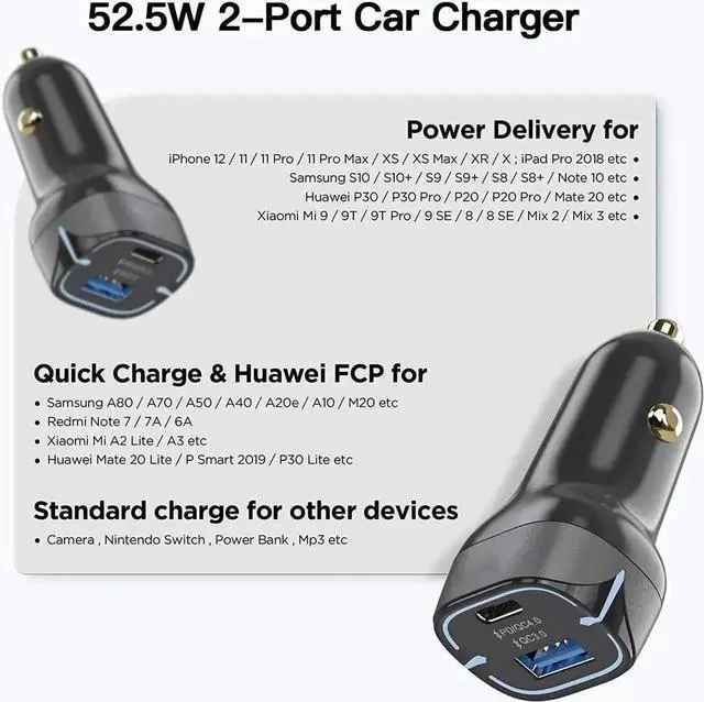 Alt view image 7 of 7 - USB C Car Charger Adapter, 52.5W Dual Port Fast USB Car Charger With Power Delivery & Quick Charger 3.0 Compatible with iPhone12/11/Pro Max/XS Max/XR/XS/X/8/7/Plus,Galaxy,LG,iPad,iPad Pro/Macbook Pro