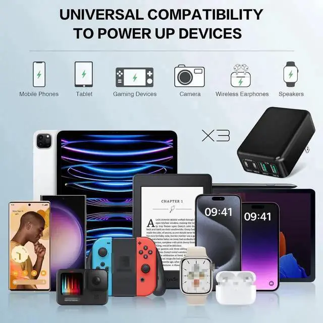 Alt view image 5 of 7 - JAENFONGFlat USB C Wall Charger [3 Pack], Slim Fast Charging Block, 40W 4-Port USB C Charger Block Type C Power Adapter with Foldable Plug Compatible for i-Phone Android Cellphones Tablet PC.. (Black)