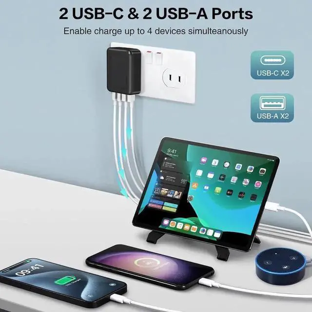 Alt view image 6 of 7 - JAENFONGFlat USB C Wall Charger [3 Pack], Slim Fast Charging Block, 40W 4-Port USB C Charger Block Type C Power Adapter with Foldable Plug Compatible for i-Phone Android Cellphones Tablet PC.. (Black)