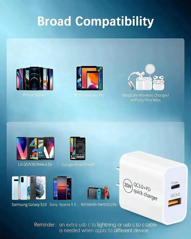 Alt view image 6 of 6 - JAENFONG 20W USB C Fast Charger, Dual Port PD Power Delivery + QC3.0 Quick Charger Wall Charger Block Plug for iPhone 13/12/11 /Pro Max, XS/XR/X, 8/7/6, iPad Pro, AirPods Pro, Samsung Galaxy, Pixel