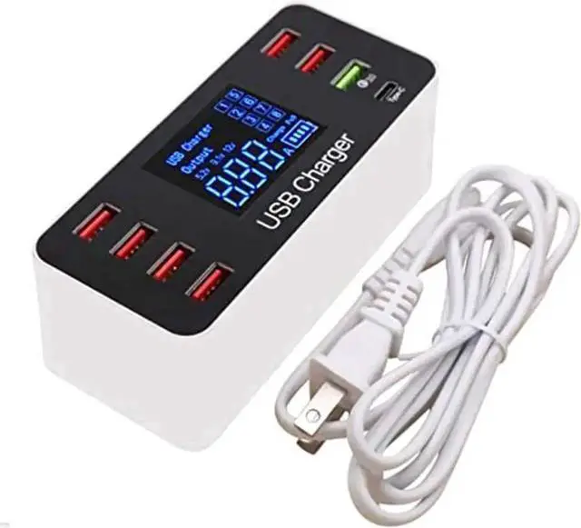 Main image of JAENFONG Multi USB 8-Port Smart Fast Desktop Hub Wall Charger Charging Station Quick Charge 3.0 USB Type C Port With LED Display Compatible with IOS Android Smart Phones, Tablet, Nintendo Switch Games