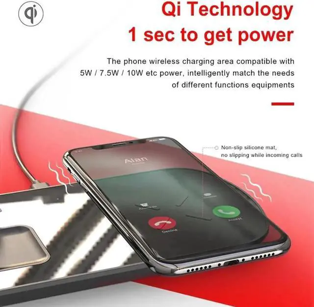 Alt view image 6 of 7 - JAENFONG Qi Wireless Charger for Apple Watch 3 in 1 Fast Wireless Charging Station Pad for Airpods Pro iPhone 11 Samsung S20