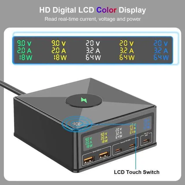 Alt view image 3 of 7 - [6 in 1] USB Charging Station, 5-Port USB C Charging Station with 65W PD USB-C Port, QC3.0 Port, Wireless Charger, LCD Display Multi Port Fast USB Charging Hub for Smartphones Tablet Laptop etc.