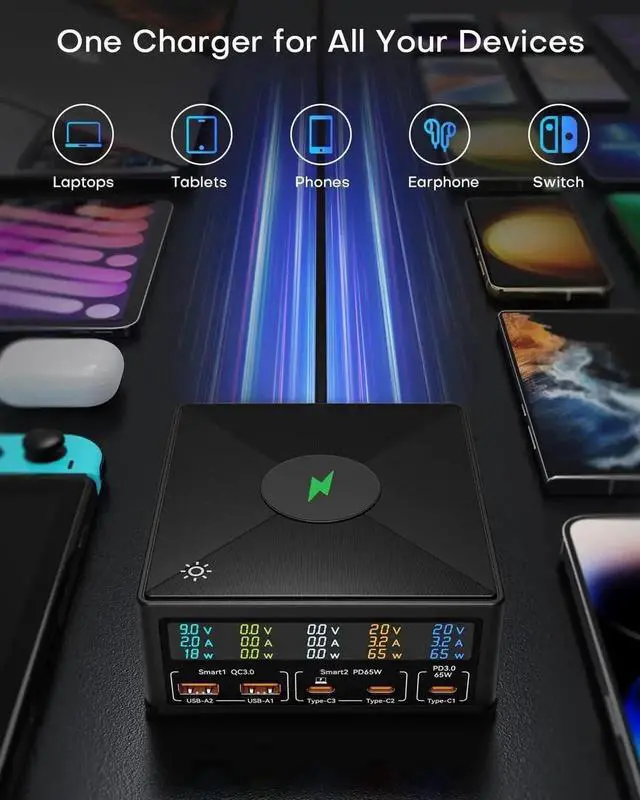 Alt view image 4 of 7 - [6 in 1] USB Charging Station, 5-Port USB C Charging Station with 65W PD USB-C Port, QC3.0 Port, Wireless Charger, LCD Display Multi Port Fast USB Charging Hub for Smartphones Tablet Laptop etc.