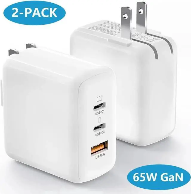 Main image of JAENFONG [2 Pack] USB C Charger Block, 65W 3 Port QC+PD3.0 GaN Power Adapter Type C Fast Charging Wall Plug for Mac-Book Pro/Air, i-Pad Pro, i-Phone 15 Pro Max/14/13/12, A-ir-P-ods Pro, Galaxy S23/S22