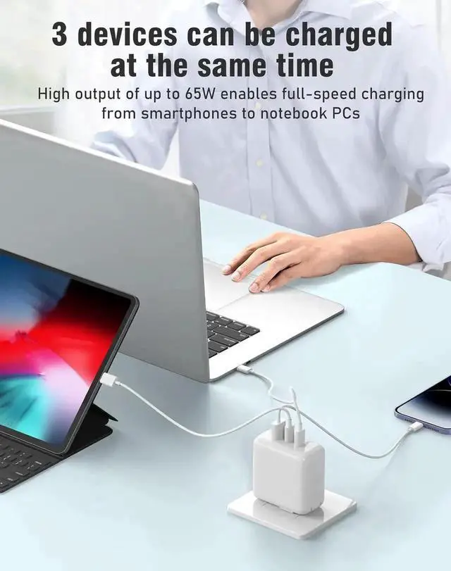 Alt view image 5 of 7 - JAENFONG [2 Pack] USB C Charger Block, 65W 3 Port QC+PD3.0 GaN Power Adapter Type C Fast Charging Wall Plug for Mac-Book Pro/Air, i-Pad Pro, i-Phone 15 Pro Max/14/13/12, A-ir-P-ods Pro, Galaxy S23/S22