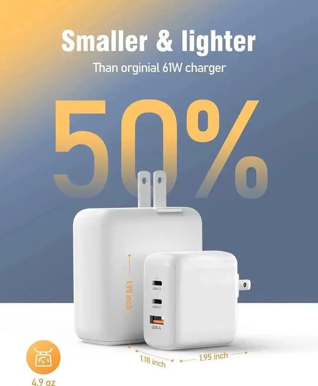 Alt view image 2 of 7 - JAENFONG [2 Pack] USB C Charger Block, 65W 3 Port QC+PD3.0 GaN Power Adapter Type C Fast Charging Wall Plug for Mac-Book Pro/Air, i-Pad Pro, i-Phone 15 Pro Max/14/13/12, A-ir-P-ods Pro, Galaxy S23/S22