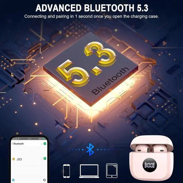Alt view image 2 of 7 - JAENFONG Wireless Earbuds,Bluetooth 5.3 Ear Buds LED Power Display Headphones Bass Stereo,Earbuds in-Ear Noise Cancelling Mic,40H Playback Mini Case IP7 Waterproof Sports Earphones for Android iOS Pin