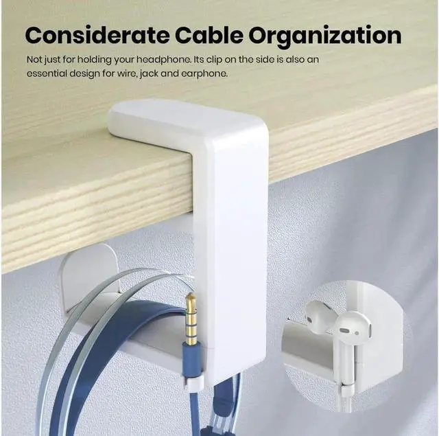 Alt view image 2 of 6 - JAENFONG PC Gaming Headset Headphone Hook Holder Hanger Mount, Headphones Stand with Adjustable & Rotating Arm Clamp, Under Desk Design, Universal Fit, Built in Cable Clip(White)