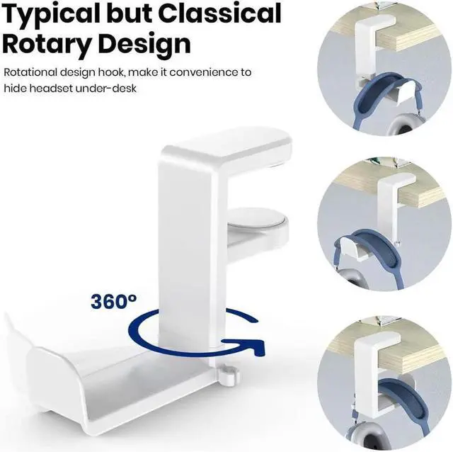 Alt view image 3 of 6 - JAENFONG PC Gaming Headset Headphone Hook Holder Hanger Mount, Headphones Stand with Adjustable & Rotating Arm Clamp, Under Desk Design, Universal Fit, Built in Cable Clip(White)