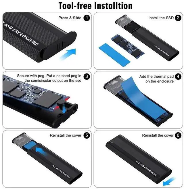 Alt view image 7 of 7 - JAENFONG M.2 NVME SATA SSD Enclosure Adapter, 10Gbps Aluminum USB 3.1 Gen 2 Type C External Enclosure for M.2 NVMe PCIE & SATA M-Key / B+M Connectors SSDs of Sizes 2230 2242 2260 2280d