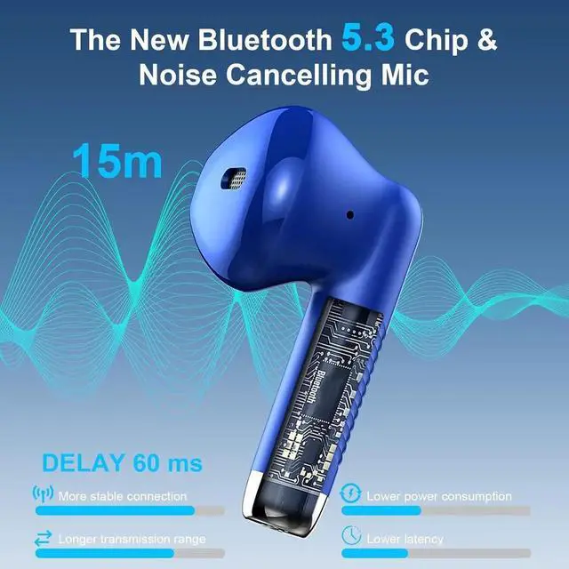 Alt view image 4 of 7 - JAENFONG Wireless Bluetooth 5.3 Earbuds Stereo Bass, Headphones in Ear Noise Cancelling Mic, IP7 Waterproof Sports, 32H Playtime USB C Mini Charging Case Ear Buds for Android iOS Blue