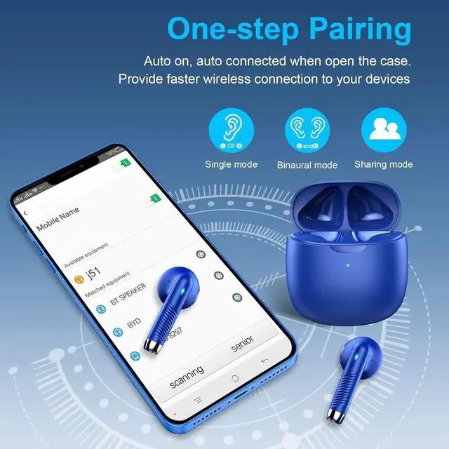 Alt view image 2 of 7 - JAENFONG Wireless Bluetooth 5.3 Earbuds Stereo Bass, Headphones in Ear Noise Cancelling Mic, IP7 Waterproof Sports, 32H Playtime USB C Mini Charging Case Ear Buds for Android iOS Blue