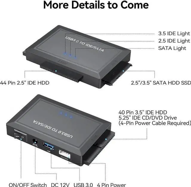 Alt view image 3 of 7 - Hard Drive Reader SATA IDE to USB 3.0 Adapter, USB 3.0 to SATA/IDE Hard Drive Ultra Recovery Converter Kit Data Retrieval Device for 2.5" 3.5" HDD SSD Hard Drive Disk 5.25" DVD/CD-ROM Optical Drive