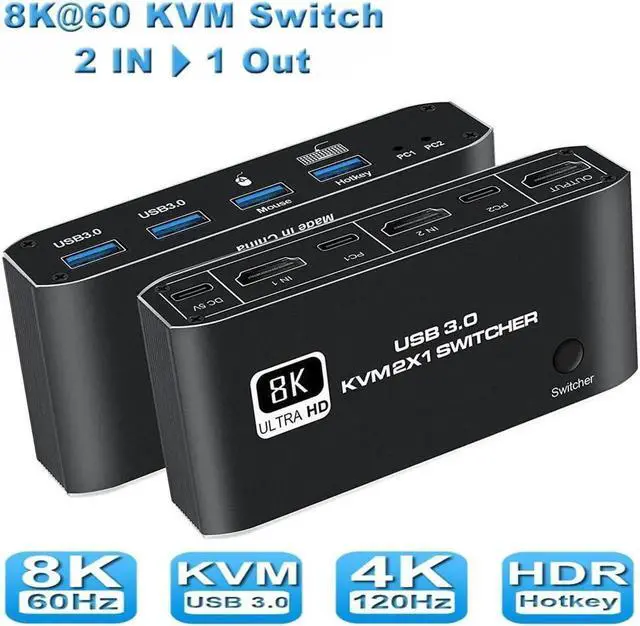 Main image of 2 in 1 Out HDMI KVM Switch, 8K USB Switch 2x1 HDMI2.1 Ports + 4x USB3.0 KVM Ports, Share 2 Computers one Monitor Switch,Supports 8K @60Hz,4K @120Hz,YUV 4:4:4, HDCP 2.3, H-D-R 10, Hotkey, Darkis