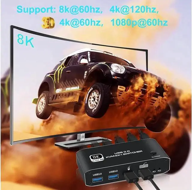 Alt view image 5 of 7 - 2 in 1 Out HDMI KVM Switch, 8K USB Switch 2x1 HDMI2.1 Ports + 4x USB3.0 KVM Ports, Share 2 Computers one Monitor Switch,Supports 8K @60Hz,4K @120Hz,YUV 4:4:4, HDCP 2.3, H-D-R 10, Hotkey, Darkis