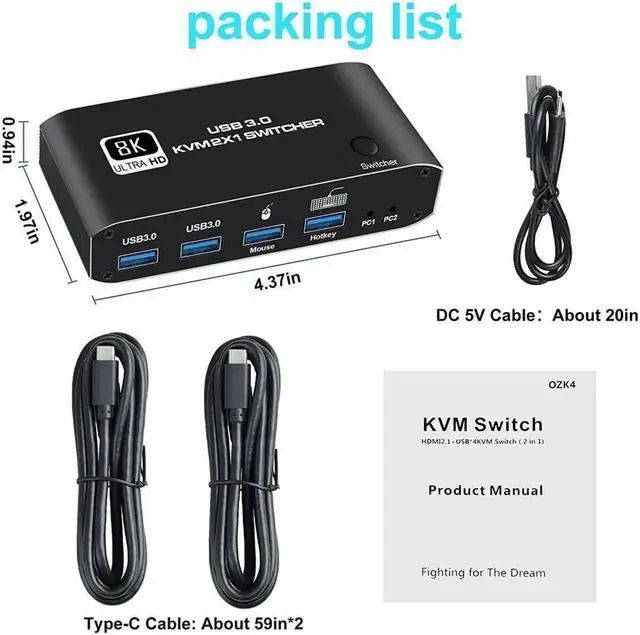 Alt view image 7 of 7 - 2 in 1 Out HDMI KVM Switch, 8K USB Switch 2x1 HDMI2.1 Ports + 4x USB3.0 KVM Ports, Share 2 Computers one Monitor Switch,Supports 8K @60Hz,4K @120Hz,YUV 4:4:4, HDCP 2.3, H-D-R 10, Hotkey, Darkis