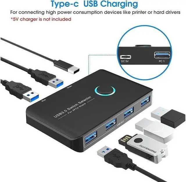 Alt view image 4 of 6 - JAENFONG USB 3.0 Selector KVM Switch for 2 Computers Sharing 4 USB Devices Peripheral Switcher Box Hub for Mouse, Keyboard, Scanner, Printer; for Mac/Windows/Linux; 2 Pack USB Cable Included