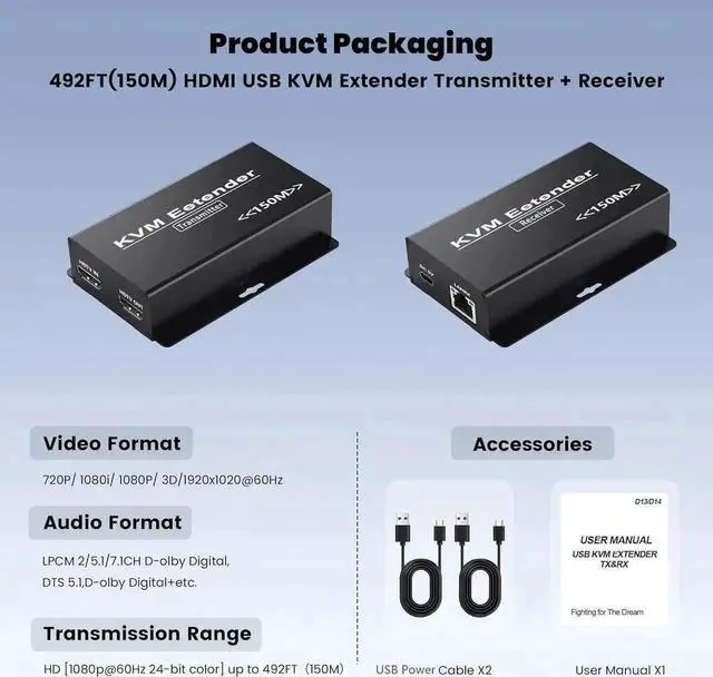 Alt view image 3 of 7 - JAENFONG492FT HDMI KVM USB Extender Kit, 1080P HDMI Ethernet Extender Balun Transmitter Receiver Over Cat 5e/6/7 Cable with Loopout Function-USB Keyboard Mouse, 150M lossless Transmission KVM Extender