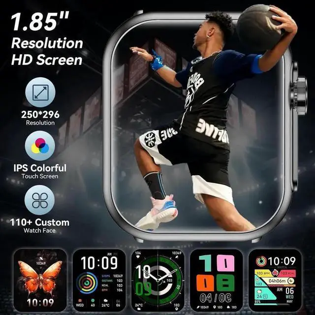 Alt view image 2 of 7 - Smart Watch for Men Women, 1000mAh Battery 100-Day Standby Time, 1.85" HD Screen Fitness Tracker, 110+ Sport Modes, IP68 Waterproof, Heart Rate/Sleep Monitor, Fitness Watch for Android/iOS