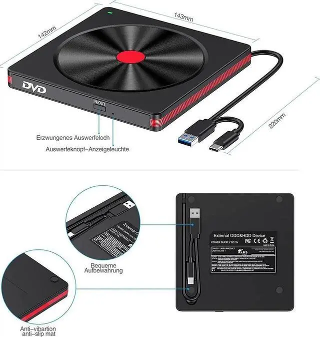 Alt view image 7 of 7 - JAENFONG External DVD CD Drive, USB 3.0 & Type-C Portable CD DVD+/-RW Burner Optical Drives CD ROM/DVD Player Reader DVD Drive External for PC Laptop Desktop Windows 11/10/8/7 Linux/MacOS