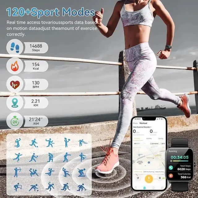 Alt view image 2 of 7 - Smart Watch, 1.85" HD Smartwatch for Men Women (Answer/Make Calls), Fitness Watch with 120+ Sports Modes, IP68 Waterproof, Heart Rate/Sleep Monitor, Activity Trackers for iOS/Android Phones