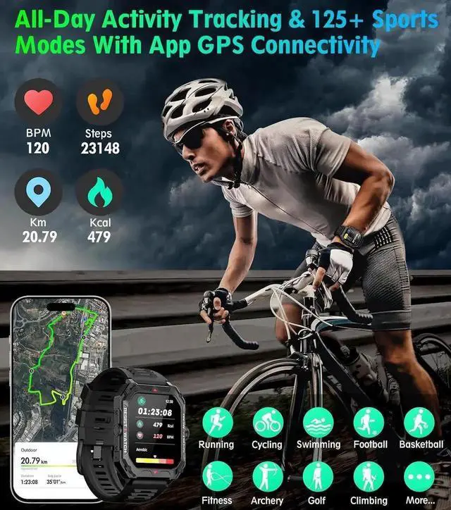 Alt view image 5 of 6 - Military Smart Watch for Men(Answer/Make Call) 2.02" Smartwatch with Heart Rate Blood Oxygen Sleep Monitor 128 Sports Modes Fitness Tracker Step Calorie Counter IP68 Waterproof for IOS Android Phones