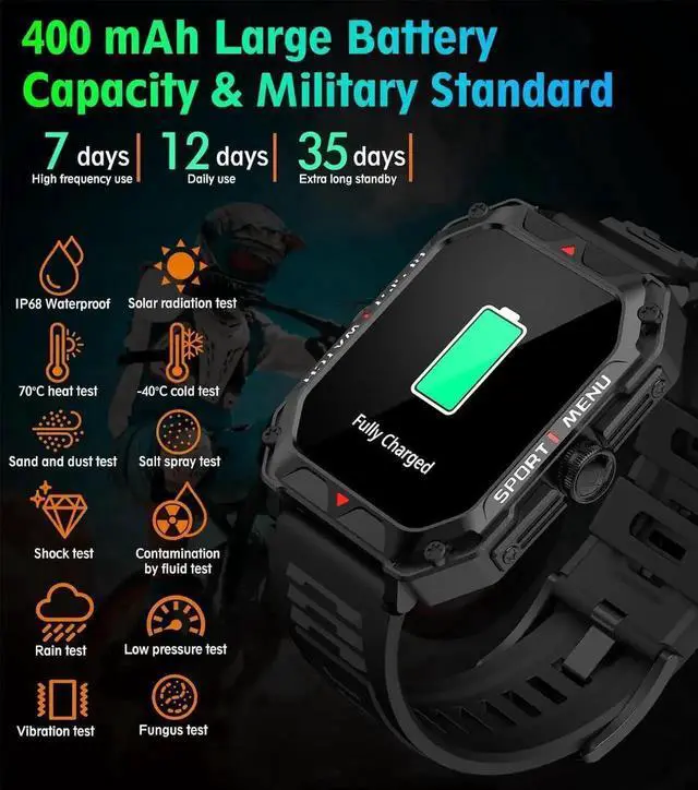 Alt view image 2 of 6 - Military Smart Watch for Men(Answer/Make Call) 2.02" Smartwatch with Heart Rate Blood Oxygen Sleep Monitor 128 Sports Modes Fitness Tracker Step Calorie Counter IP68 Waterproof for IOS Android Phones