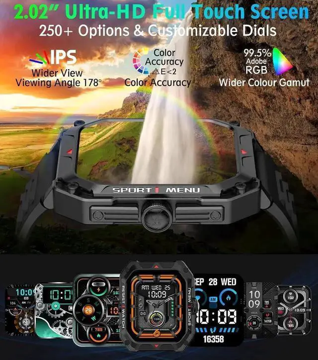 Alt view image 6 of 6 - Military Smart Watch for Men(Answer/Make Call) 2.02" Smartwatch with Heart Rate Blood Oxygen Sleep Monitor 128 Sports Modes Fitness Tracker Step Calorie Counter IP68 Waterproof for IOS Android Phones