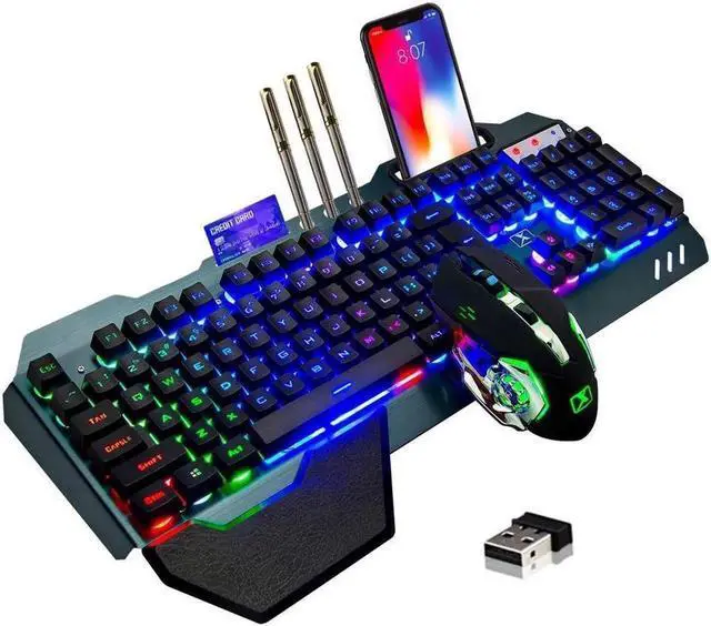 Main image of Wireless Gaming Keyboard and Mouse,Rainbow Backlit Rechargeable Keyboard Mouse with 3800mAh Battery Metal Panel,Removable Hand Rest Mechanical Feel Keyboard and 7 Color Gaming Mute Mouse for PC