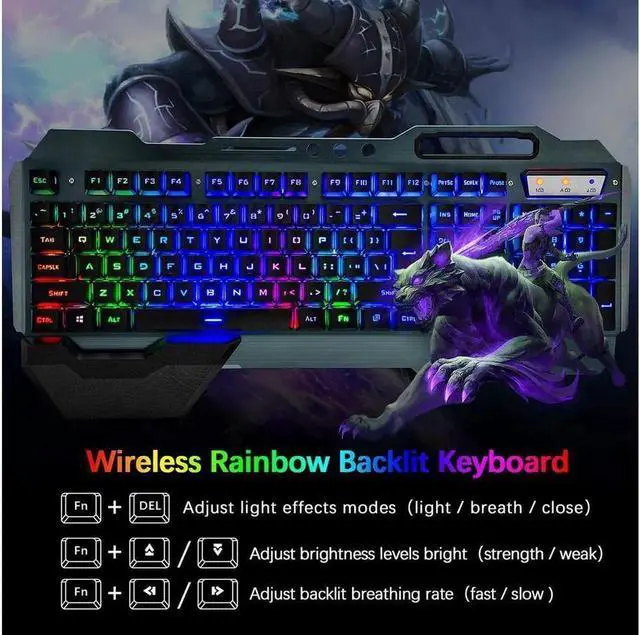 Alt view image 2 of 7 - Wireless Gaming Keyboard and Mouse,Rainbow Backlit Rechargeable Keyboard Mouse with 3800mAh Battery Metal Panel,Removable Hand Rest Mechanical Feel Keyboard and 7 Color Gaming Mute Mouse for PC