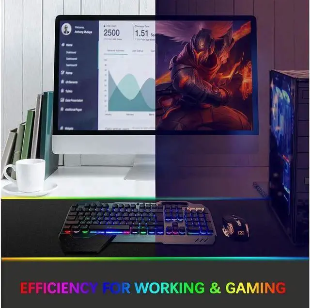 Alt view image 6 of 7 - Wireless Gaming Keyboard and Mouse,Rainbow Backlit Rechargeable Keyboard Mouse with 3800mAh Battery Metal Panel,Removable Hand Rest Mechanical Feel Keyboard and 7 Color Gaming Mute Mouse for PC