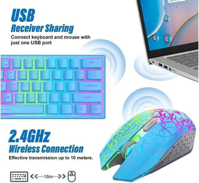 Alt view image 2 of 6 - JAENFONG Wireless Gaming Keyboard and Mouse Combo,61 Key Rainbow Backlit Keyboard with Rechargeable 4000mAh,Mechanical Feel,Ergonomic,Quiet,RGB Mute Mice and Mousepad for PS4,Xbox One,Desktop,PC Blue