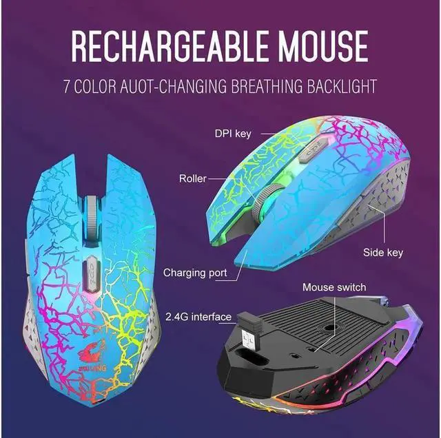 Alt view image 3 of 6 - JAENFONG Wireless Gaming Keyboard and Mouse Combo,61 Key Rainbow Backlit Keyboard with Rechargeable 4000mAh,Mechanical Feel,Ergonomic,Quiet,RGB Mute Mice and Mousepad for PS4,Xbox One,Desktop,PC Blue
