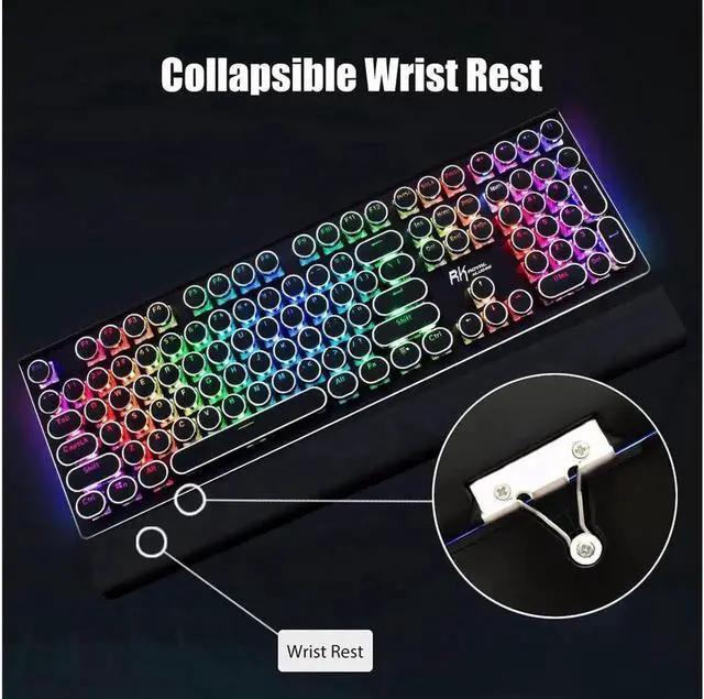 Alt view image 2 of 7 - JAENFONG Typewriter Style Mechanical Gaming Keyboard with True RGB Backlit Collapsible Wrist Rest 108-Key Blue Switch Retro Round Keycap, Black