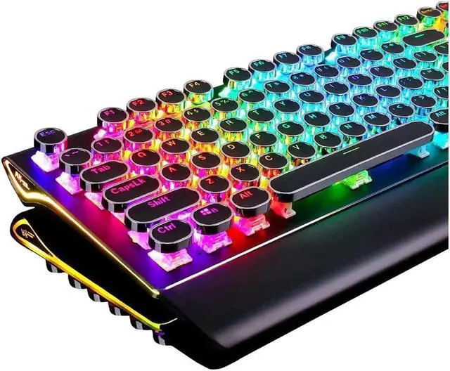 Alt view image 3 of 7 - JAENFONG Typewriter Style Mechanical Gaming Keyboard with True RGB Backlit Collapsible Wrist Rest 108-Key Blue Switch Retro Round Keycap, Black