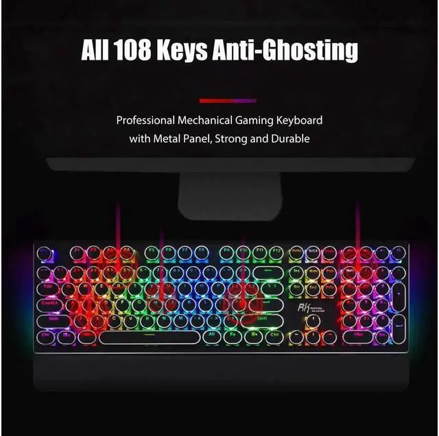 Alt view image 4 of 7 - JAENFONG Typewriter Style Mechanical Gaming Keyboard with True RGB Backlit Collapsible Wrist Rest 108-Key Blue Switch Retro Round Keycap, Black